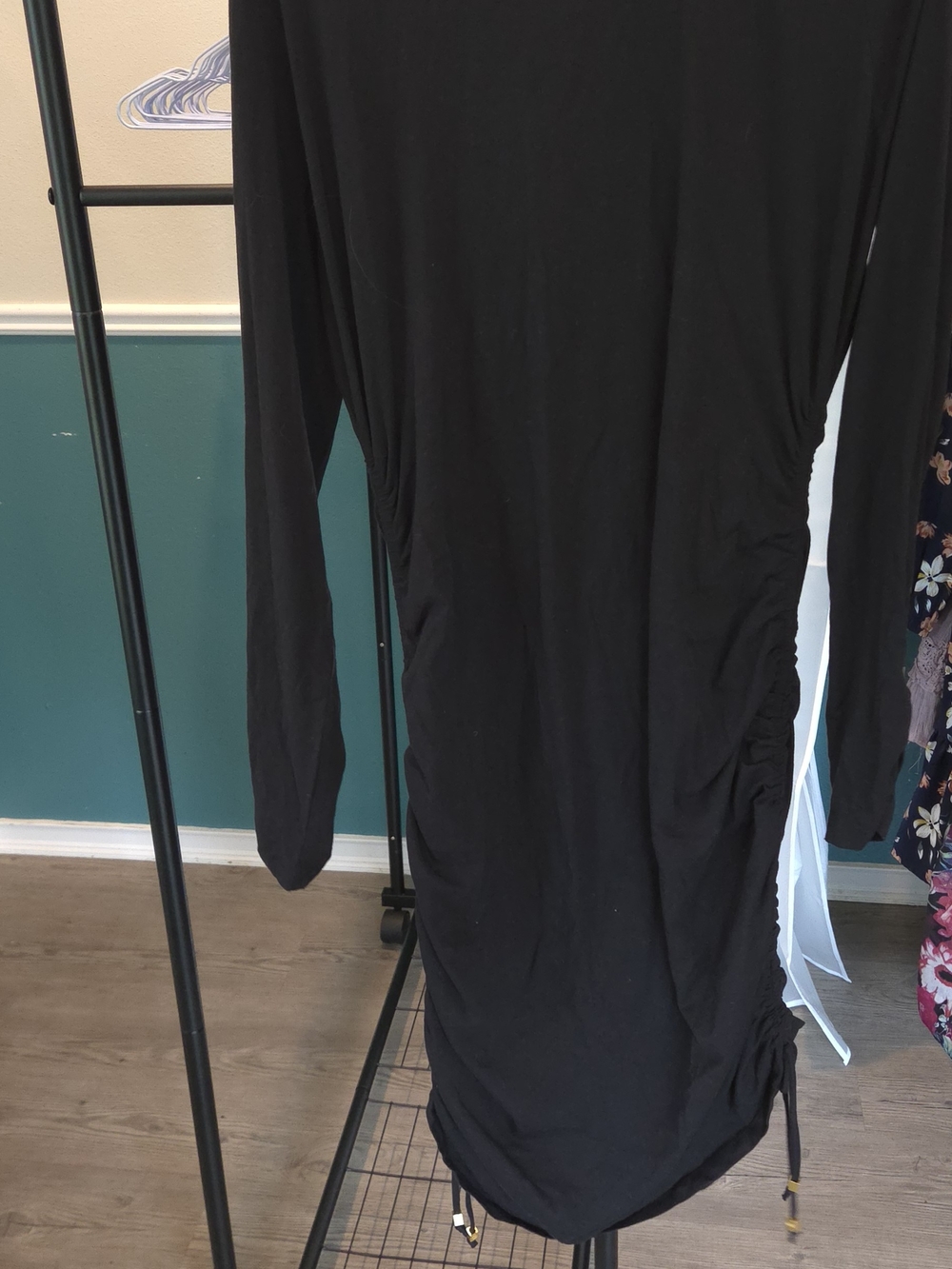 Michael Kors Black Long Sleeve Ruched Side Midi Dress
